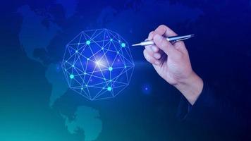 Businessman hands touching with virtual global connection concept, grow earth and global online networking connection with data exchanges, global communication network security concept. photo