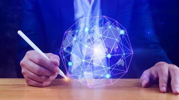 Businessman hands touching with virtual global connection concept, grow earth and global online networking connection with data exchanges, global communication network security concept. photo