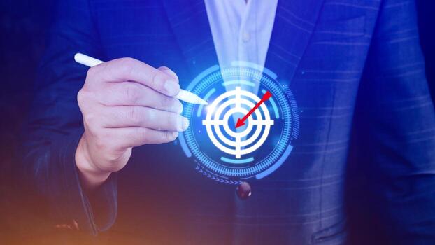 Businessman touching virtual dartboard with red arrow ,Business Achievement objective target concept, setup business objective target concept. photo