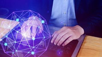 Businessman hands touching with virtual global connection concept, grow earth and global online networking connection with data exchanges, global communication network security concept. photo
