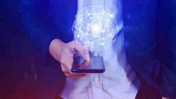 Businessman hands touching with virtual global connection concept, grow earth and global online networking connection with data exchanges, global communication network security concept. photo