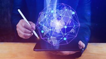 Businessman hands touching with virtual global connection concept, grow earth and global online networking connection with data exchanges, global communication network security concept. photo