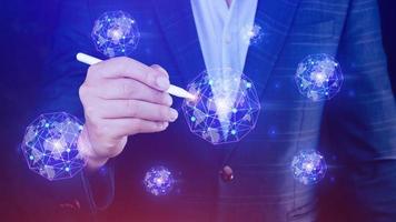 Businessman hands touching with virtual global connection concept, grow earth and global online networking connection with data exchanges, global communication network security concept. photo