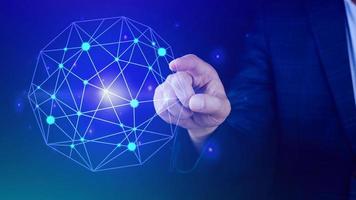 Businessman hands touching with virtual global connection concept, grow earth and global online networking connection with data exchanges, global communication network security concept. photo