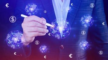 Businessman hands touching with Euro and Dollar sign on global online networking virtual screen, Online banking currencies exchange financial concept. photo