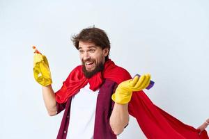 Man Red raincoat professional cleaning detergent homework photo