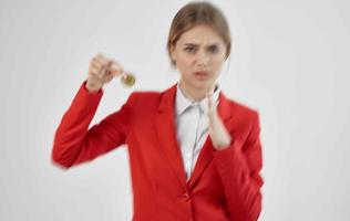 Businesswoman Red jacket virtual money economy isolated background photo