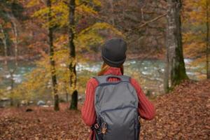 Autumn forest nature landscape tall trees and woman hiker with backpack photo