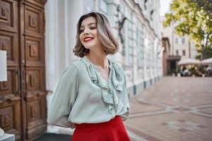 cheerful pretty blonde outdoors walk fresh air photo