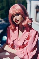 pretty woman Vintage fashion pink hair posing summer Happy female relaxing photo