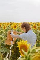 woman with two pigtails in a straw hat in a white dress a field of sunflowers agriculture Summer time photo