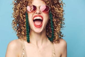 Portrait of a woman Curly hair emotions open mouth cropped view bare shoulders photo