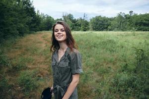 Woman Cheerful smile fresh air landscape field photo