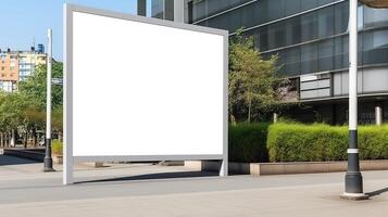 generativo ai, realista calle grande cartelera burlarse de arriba blanco para presentación publicidad. al aire libre firmar blanco en el futurista ciudad, negocio concepto foto