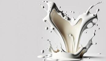 , Flowing liquid with splashes in white color. Glossy cream milk fluid banner, 3D effect, modern macro photorealistic abstract background illustration. photo