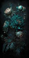 , Close up of blooming flowerbeds of amazing teal flowers on dark moody floral textured background. Vertical format. photo