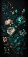 , Close up of blooming flowerbeds of amazing teal flowers on dark moody floral textured background. Vertical format. photo