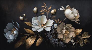 , Close up of blooming flowerbeds of amazing white and golden flowers on dark moody floral textured background. Photorealistic effect. photo