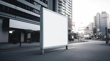 generativo ai, realista calle grande cartelera burlarse de arriba blanco para presentación publicidad. al aire libre firmar blanco en el futurista ciudad, negocio concepto foto