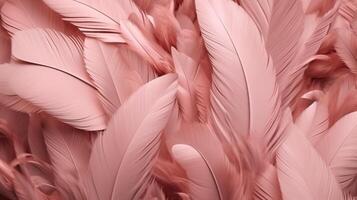 , Beautiful light pink closeup feathers, photorealistic background. Small fluffy pink feathers randomly scattered forming photo