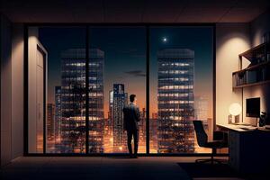 Businessman standing in modern office interior and looking at night city. Mixed media photo