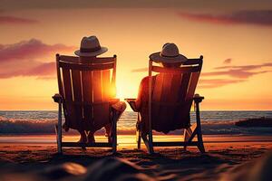 Pareja sentado sillas el playa durante puesta de sol verano, y viaje concepto generativo ai foto
