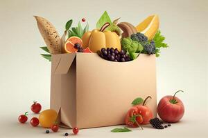 Paper bag full of healthy food with fruits and vegetables, 3d illustration photo