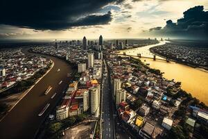 aéreo ver de Bangkok paisaje urbano a atardecer, tailandia Asia generativo ai foto