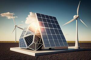 solar paneles y viento turbinas renovable energía concepto. 3d representación generativo ai foto