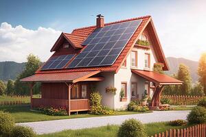 House with solar panels on roof. Alternative energy source. 3d rendering photo