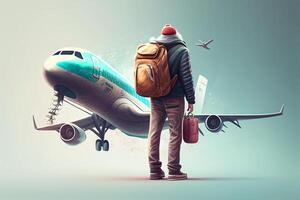 Traveler with a suitcase walking on the runway. 3D rendering photo