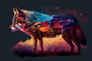 A colorful Illustration of a wolf in a polygonal style on a dark background photo