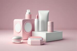 cosmético productos en un rosado antecedentes. 3d representación burlarse de arriba generativo ai foto