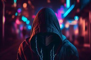 Hooded hacker in a dark with neon lights. 3d rendering photo