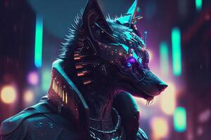 Portrait of a powerful wolf in a futuristic space suit. photo