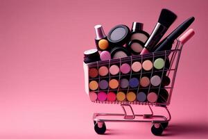 compras carro lleno de maquillaje productos en rosado antecedentes con Copiar espacio generativo ai foto