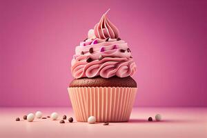 Cupcake with pink cream on a pink background. 3d rendering photo