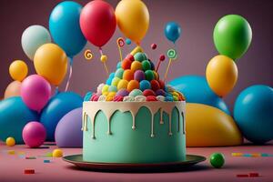 3d cumpleaños pastel con flores con vistoso globos, . 3d representación generativo ai foto