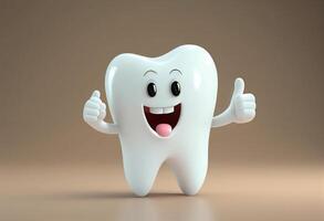 Tooth character with thumbs up gesture on brown background. 3d illustration photo