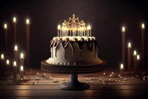 Birthday cake with burning candles on dark background. 3D rendering photo