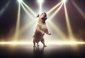 Funny pug dog dancing in studio with lights and spotlights photo