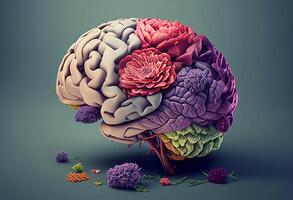 Human brain made of colorful flowers and leaves. 3D illustration. photo