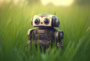 Robot toy in green grass field at sunset time. 3d rendering. photo