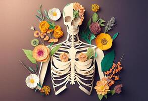 Human body skeleton anatomy with flowers and plants. 3D illustration. Toned. photo