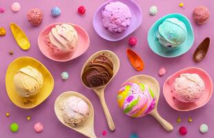 Colorful ice cream scoops in bowls and spoons on pink background photo