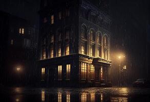 Night cityscape with old building and falling rain. 3d rendering photo