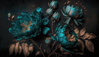 , Close up of blooming flowerbeds of amazing teal flowers on dark moody floral textured background. Photorealistic effect. photo