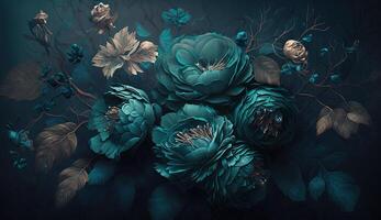 , Close up of blooming flowerbeds of amazing teal flowers on dark moody floral textured background. Photorealistic effect. photo