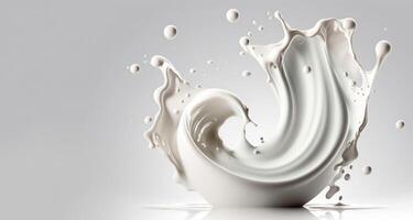 , Flowing liquid with splashes in white color. Glossy cream milk fluid banner, 3D effect, modern macro photorealistic abstract background illustration. photo