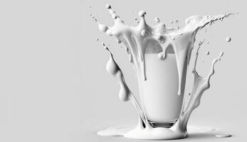 , Flowing liquid with splashes in white color. Glossy cream milk fluid banner, 3D effect, modern macro photorealistic abstract background illustration. photo